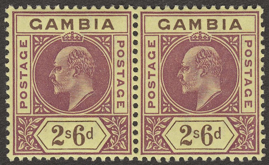 Gambia 1902 KEVII 2sh6d Purple and Brown on Yellow Pair Mint SG55