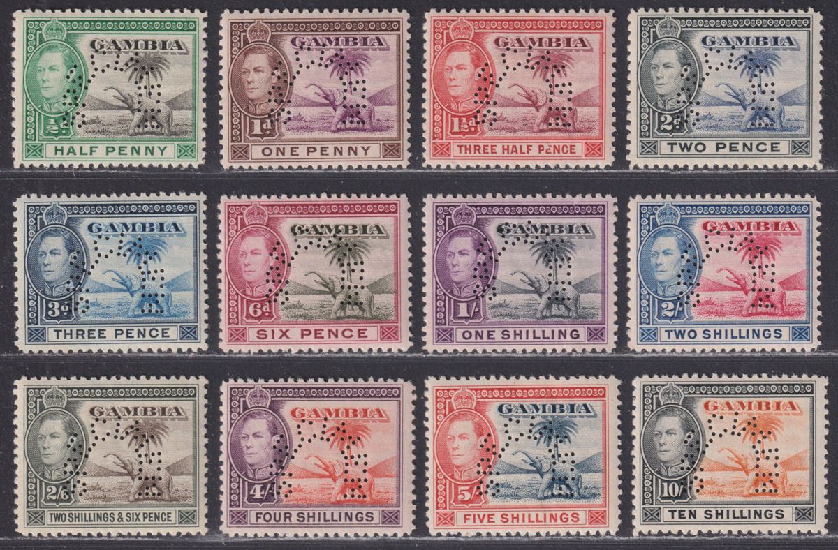 Gambia 1938 KGVI and Elephant SPECIMEN Perf Part Set to 10sh Mint - toned gum