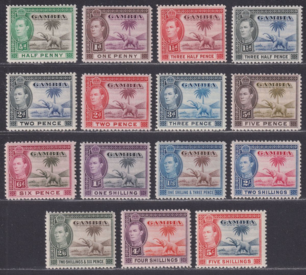 Gambia 1938-46 King George VI and Elephant Set to 5sh Mint SG150-160 cat £130