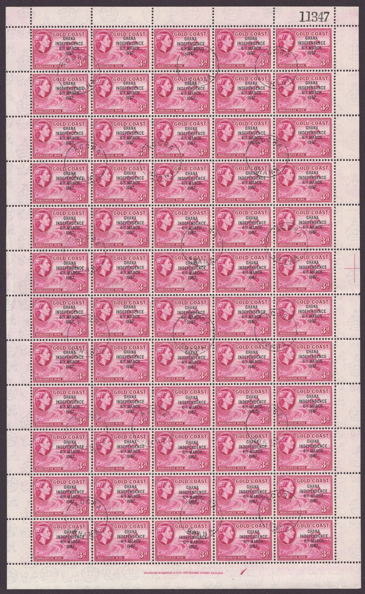 Ghana 1957 Independence Overprint 3d, 2sh, 5sh Full Sheets of 60 CTO Used