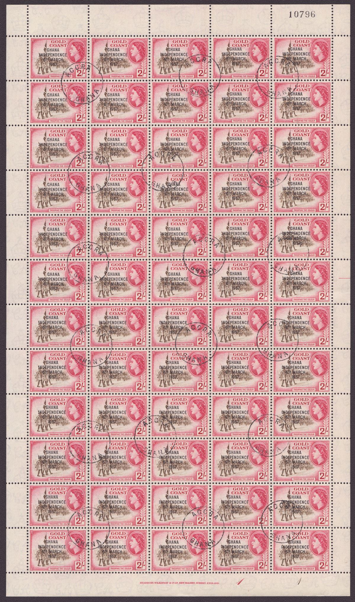 Ghana 1957 Independence Overprint 3d, 2sh, 5sh Full Sheets of 60 CTO Used