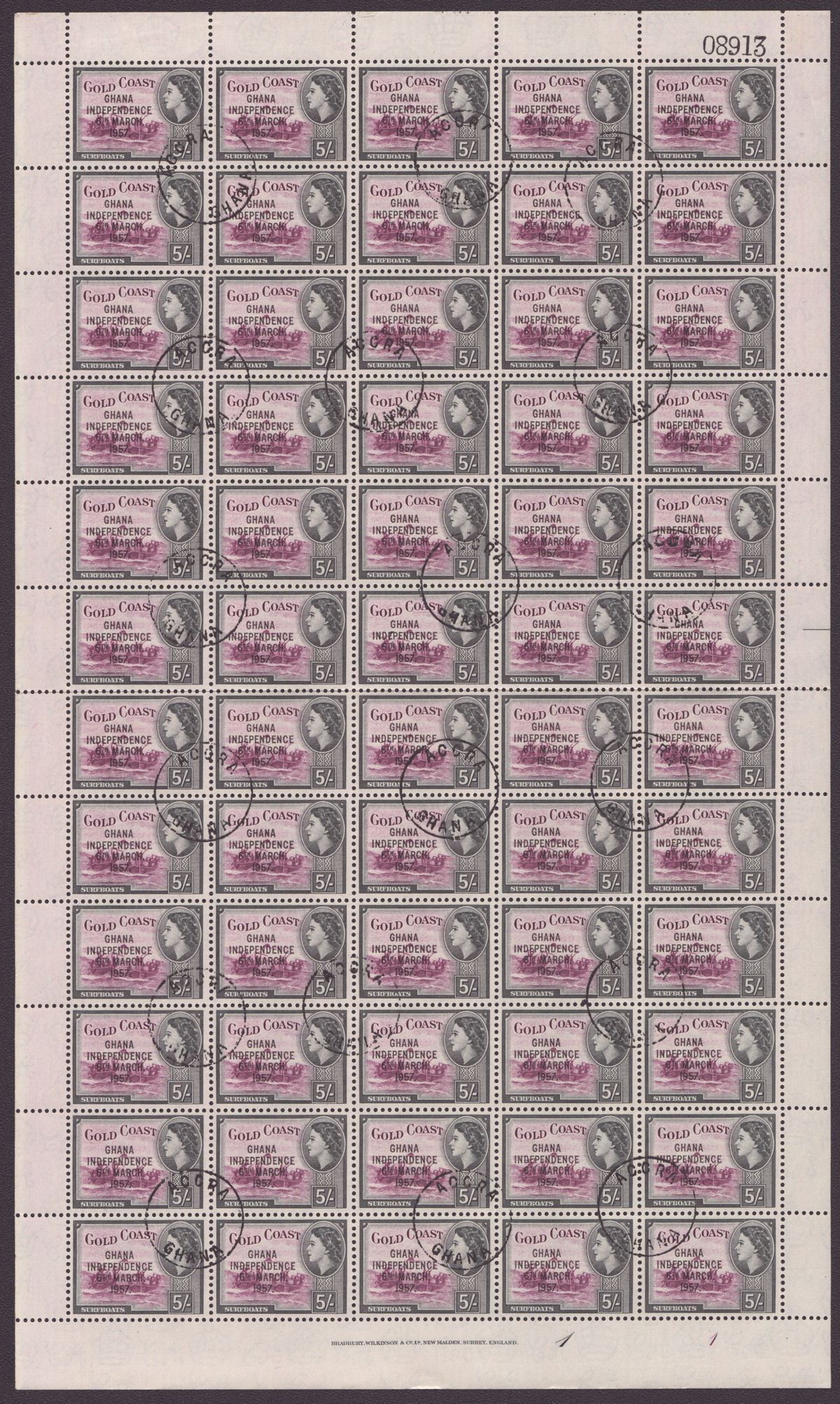 Ghana 1957 Independence Overprint 3d, 2sh, 5sh Full Sheets of 60 CTO Used