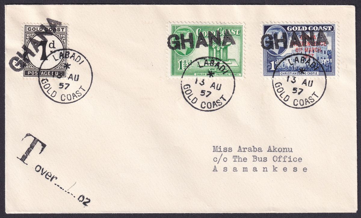 Ghana 1957 1½d, 1d Used on Cover with LABADI Postmark + Postage Due 1d