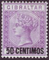 Click for more photos and details Gibraltar 1889 QV 50c Surcharge on 6d Bright Violet w Var Short Foot Mint SG20a
