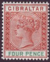 Click for more photos and details Gibraltar 1898 QV 4d Orange-Brown and Green Mint SG43