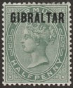 Click for more photos and details Gibraltar 1886 QV Overprint on Bermuda ½d Dull Green Mint SG1