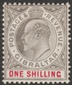Click for more photos and details Gibraltar 1906 KEVII 1sh Black and Carmine Chalky Mint SG61a