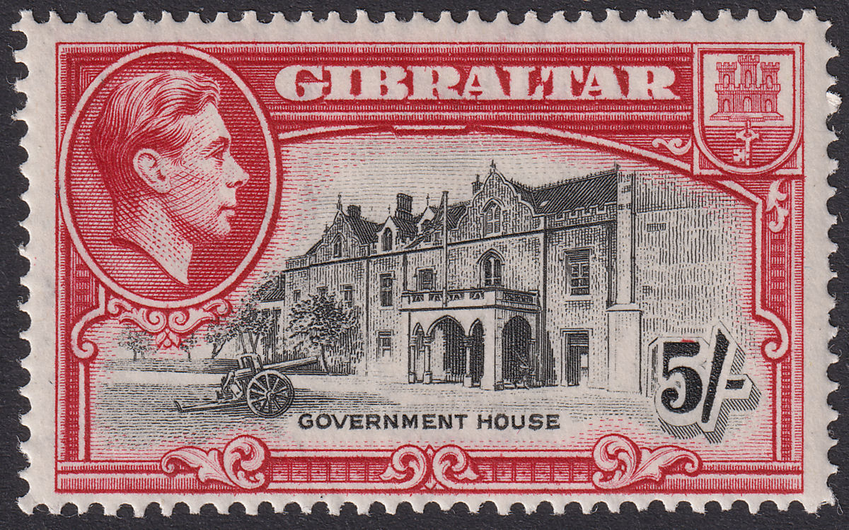 Gibraltar 1938 KGVI 5sh Black and Carmine Perf 14 UM Mint SG129 cat £110