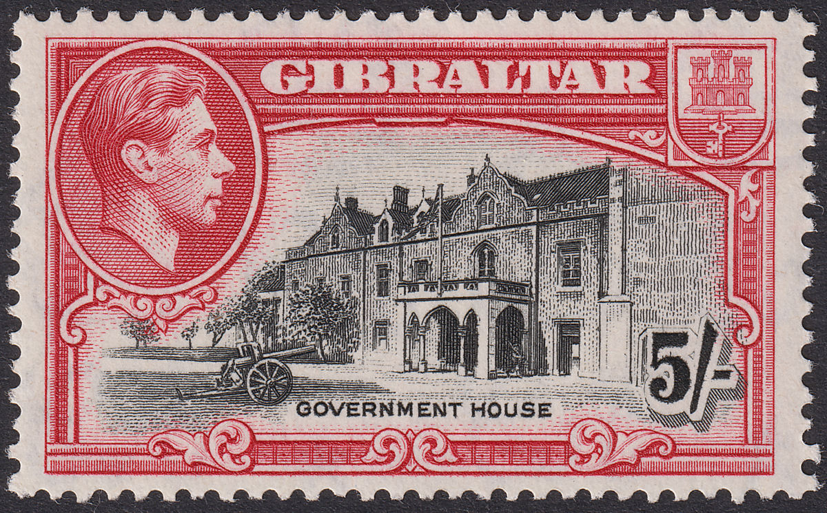 Gibraltar 1938 KGVI 5sh Black and Carmine Perf 13½ UM Mint SG129a cat £50