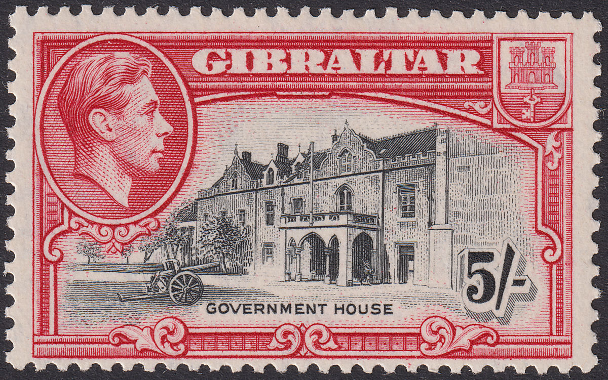 Gibraltar 1944 KGVI 5sh Black and Carmine Perf 13 UM Mint SG129b cat £38