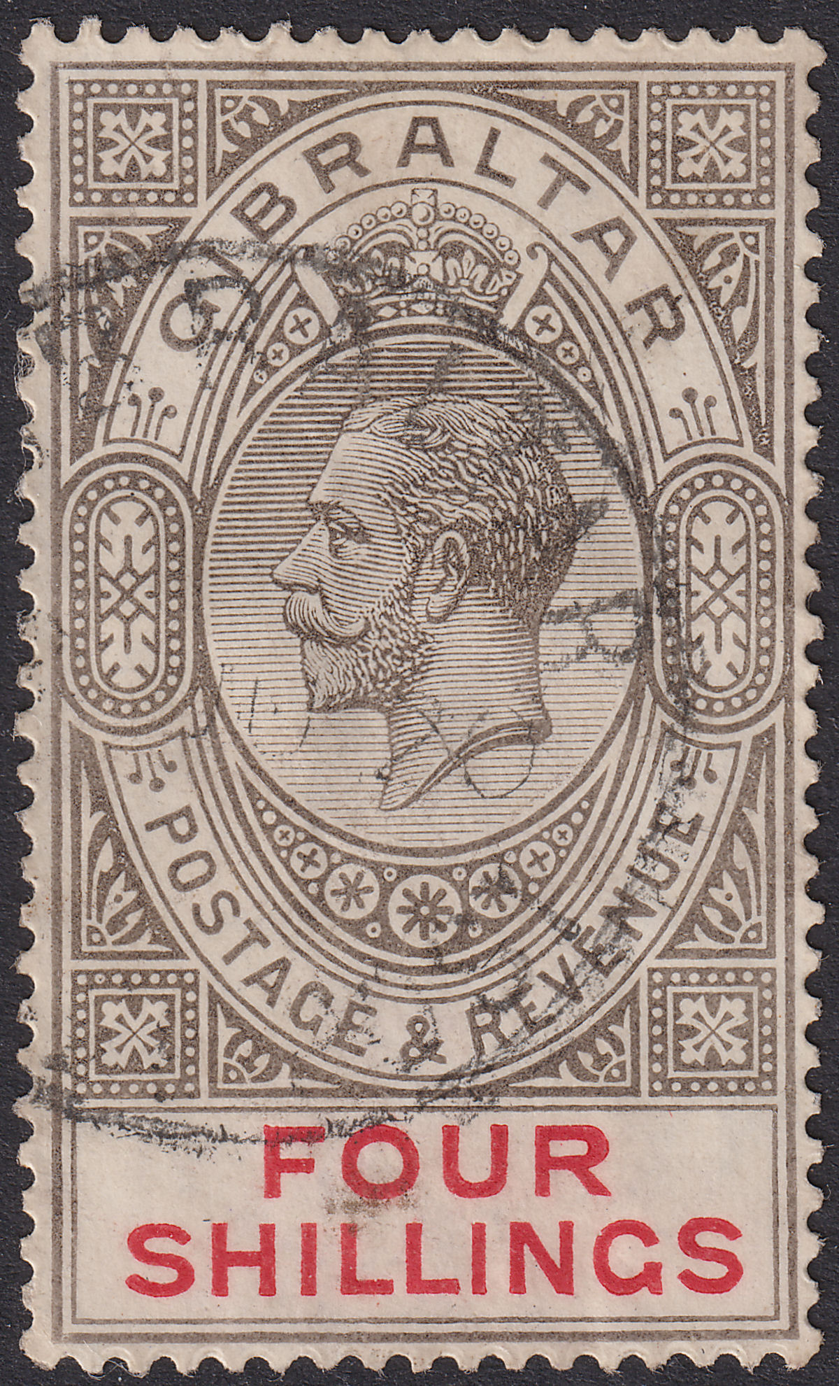 Gibraltar 1912 KGV 4sh Black and Carmine Used SG83 cat £65