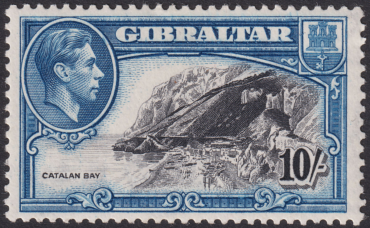 Gibraltar 1943 KGVI 10sh Black and Blue Perf 13 Mint SG130a cat £45