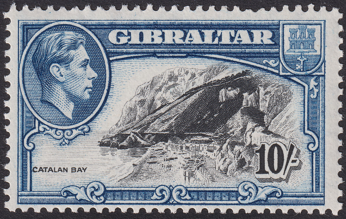 Gibraltar 1944 KGVI 10sh Black and Dark Blue Perf 13 Mint SG130a var cat £45