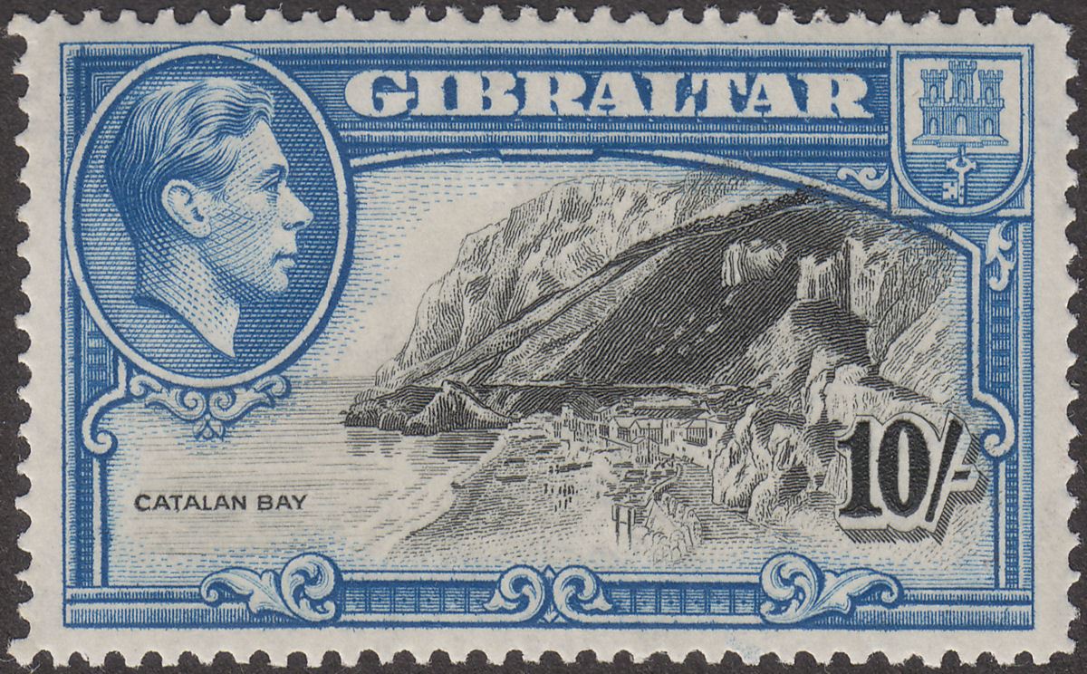 Gibraltar 1938 KGVI 10sh Black and Blue Perf 14 Mint SG130 cat £75 toned gum
