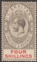 Click for more photos and details Gibraltar 1912 KGV 4sh Black and Carmine Mint SG83 cat £40