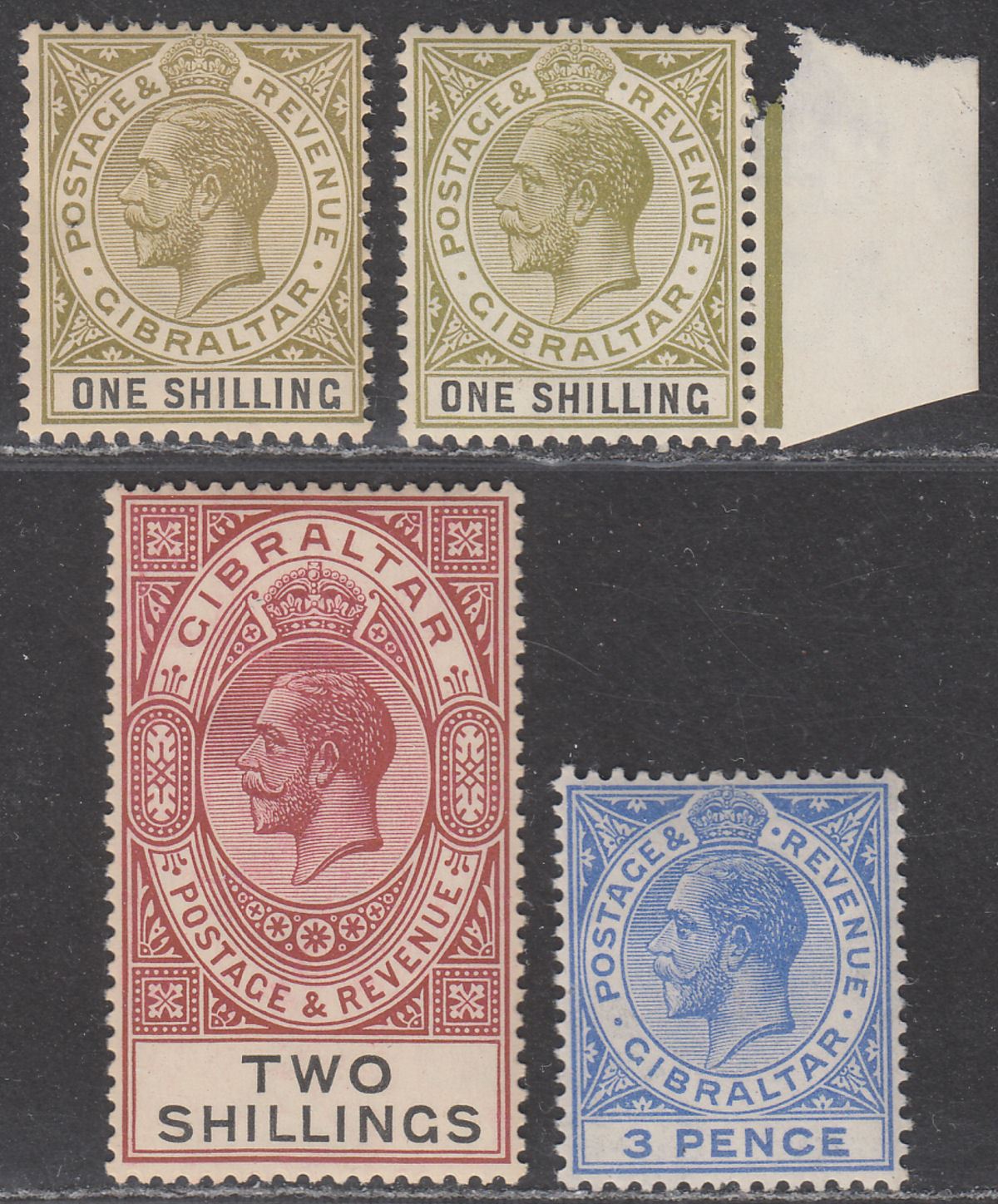 Gibraltar 1925-30 KGV 1sh x2, 2sh, 3d Mint SG102-103 SG109 cat £48