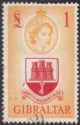 Click for more photos and details Gibraltar 1953 QEII £1 Scarlet and Orange-Yellow Used SG158 cat £55