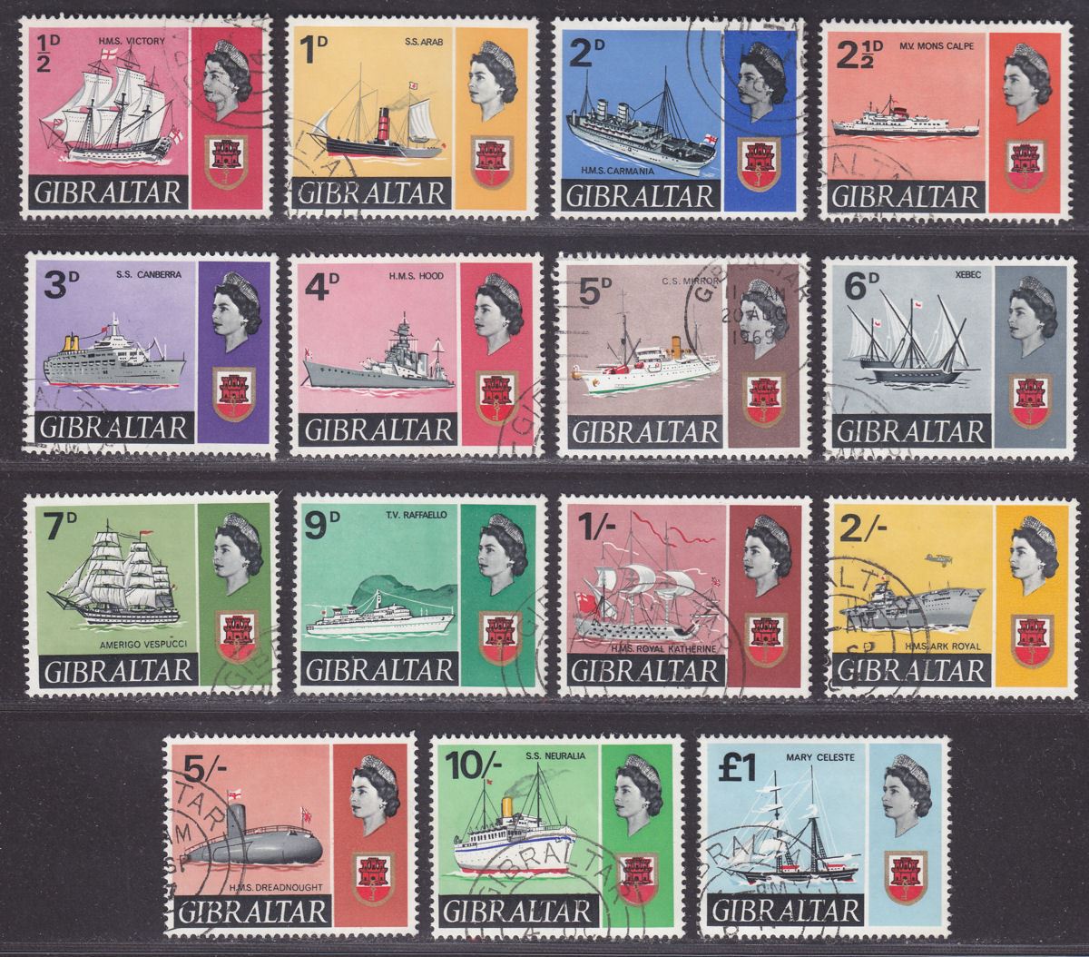 Gibraltar 1967 QEII Ships Set Used SG200-213 cat £55
