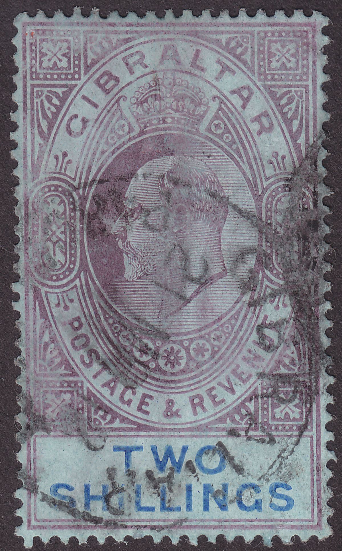 Gibraltar 1910 KEVII 2sh Purple and Bright Blue on Blue Used SG72 cat £50 rubbng