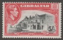 Click for more photos and details Gibraltar 1944 KGVI 5sh Black and Carmine Perf 13 Mint SG129b
