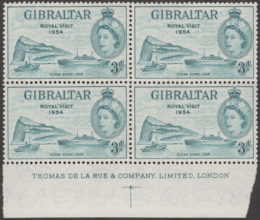 Gibraltar 1954 QEII 3d Royal Visit Imprint Block Mint SG159