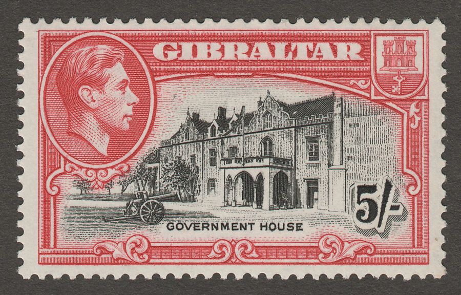 Gibraltar 1938 KGVI 5sh Black and Carmine Perf 13½ Mint SG129a