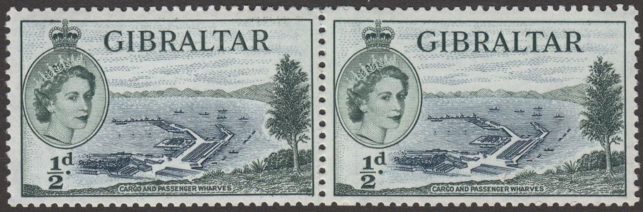 Gibraltar 1953 QEII Wharves ½d Indigo and Grey-Green Coil Join Pair Mint SG145