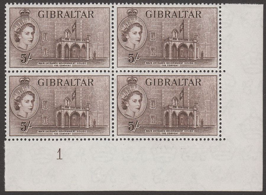 Gibraltar 1953 QEII Government House 5sh Deep Brown Block Mint SG156