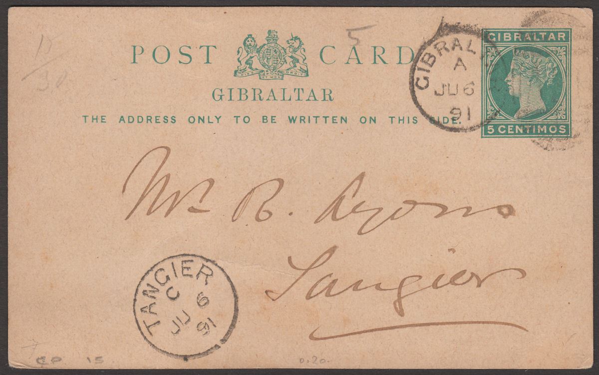 Gibraltar 1891 QV 5c Postal Stationery Postcard Used to Tangier Morocco