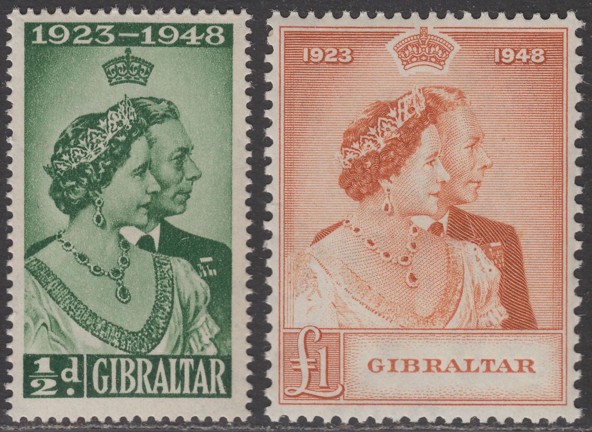 Gibraltar 1948 KGVI Royal Silver Wedding ½d, £1 Mint SG134-135 cat £60 MNH