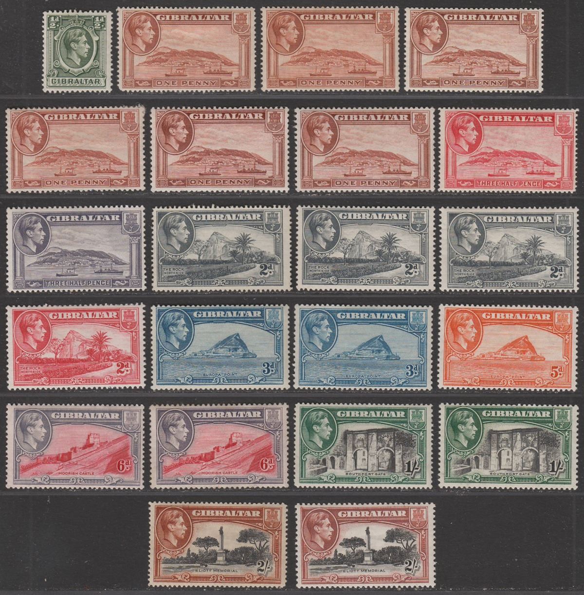 Gibraltar 1938-51 King George VI Part Set to 2sh with perf varieties Mint