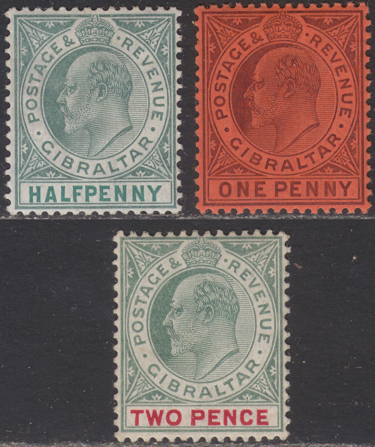 Gibraltar 1904-08 King Edward VII ½d, 1d, 2d Chalky Paper Mint SG56a-58a cat £38