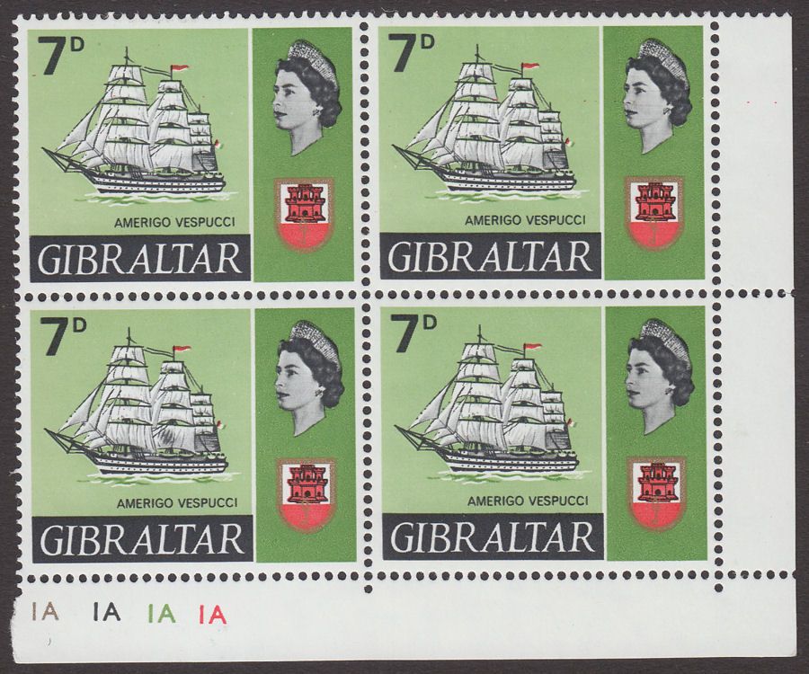 Gibraltar 1967 QEII Amerigo Vespucci 7d Block w Patched Sail Variety Mint SG207a