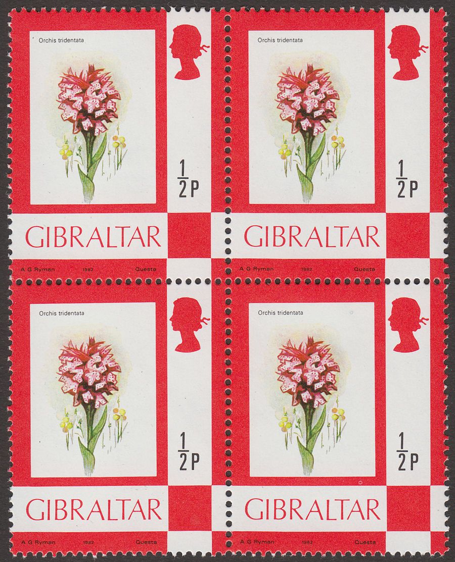 Gibraltar 1982 QEII Toothed Orchid ½p Block of 4 with 1982 Imprint Mint SG374a