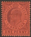Click for more photos and details Gibraltar 1904 KEVII 1d Dull Purple on Red Ordinary Mint SG57