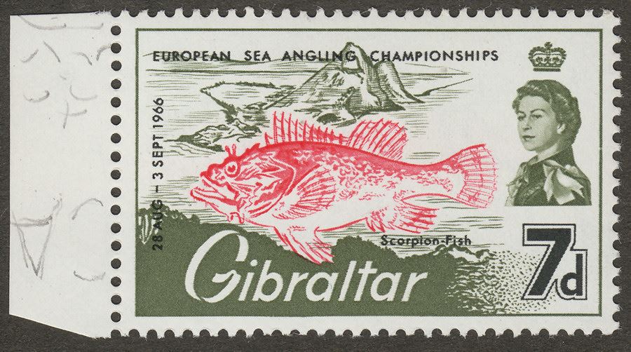 Gibraltar 1966 QEII Sea Angling 7d watermark Inverted Mint SG191w