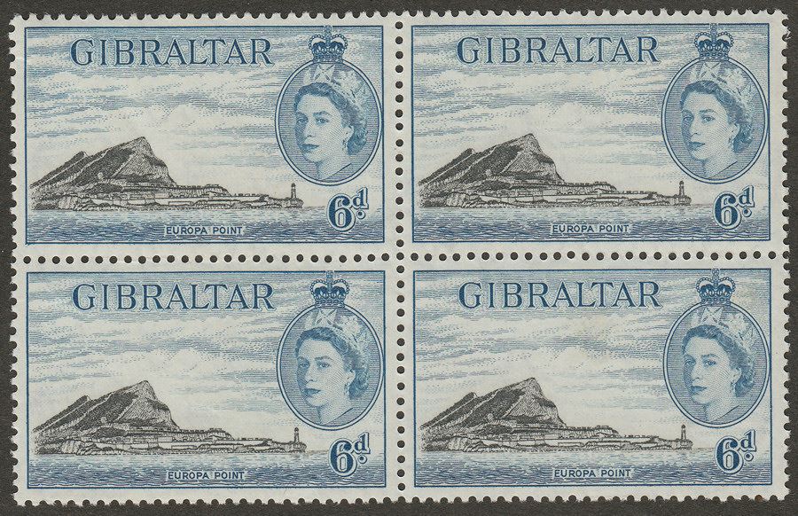 Gibraltar 1953 QEII Europa Point 6d Black and Grey-Blue Block Mint SG153b