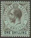 Click for more photos and details Gibraltar 1919 KGV 1sh Black on Blue-Green with Olive Back Mint SG81b