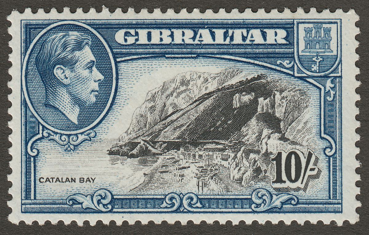 Gibraltar 1944 KGVI 10sh Black and Dark Blue Perf 13 Mint SG130a var