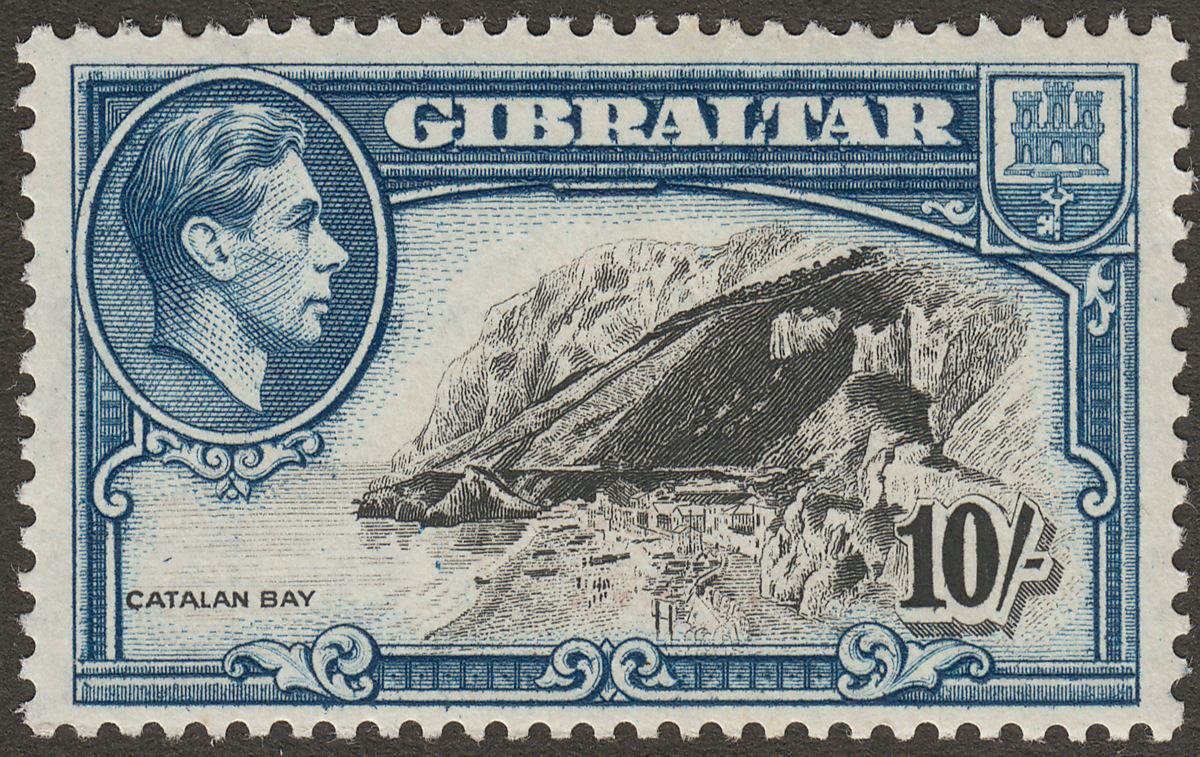 Gibraltar 1944 KGVI 10sh Black and Dark Blue Perf 13 Mint SG130a cat £42
