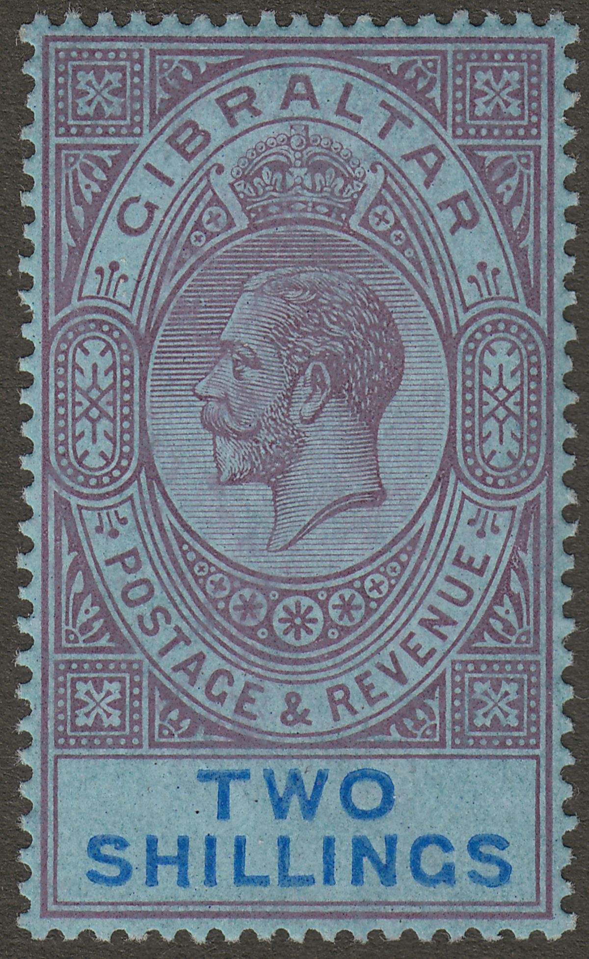 Gibraltar 1912 KGV 2sh Dull Purple and Blue on Deep Blue Mint SG82