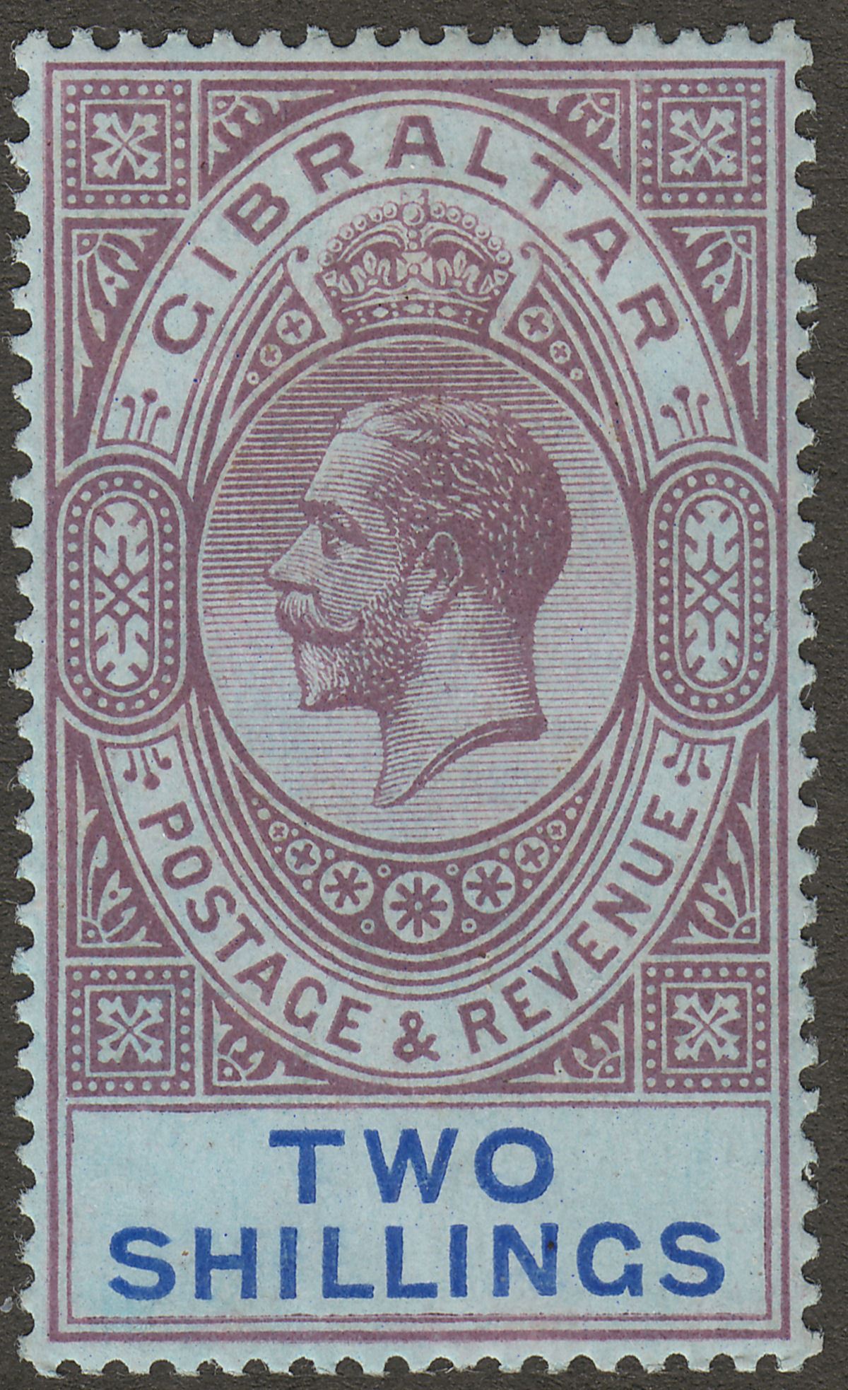 Gibraltar 1912 KGV 2sh Dull Purple and Blue on Blue Mint SG82