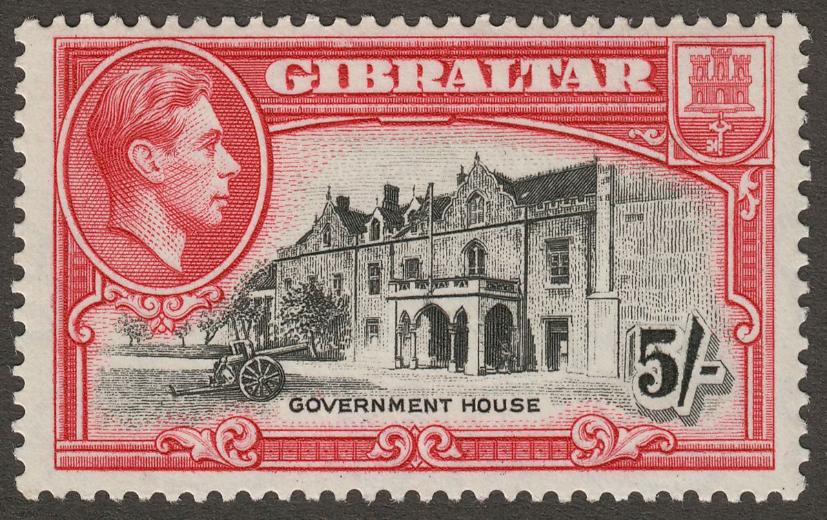 Gibraltar 1938 KGVI 5sh Black and Carmine Perf 13½ Mint SG129a cat £50