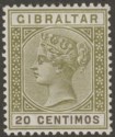 Click for more photos and details Gibraltar 1896 QV 20c Olive-Green and Brown Mint SG24