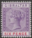 Click for more photos and details Gibraltar 1898 QV 6d Violet and Red Mint SG44