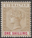 Click for more photos and details Gibraltar 1898 QV 1sh Bistre and Carmine Mint SG45