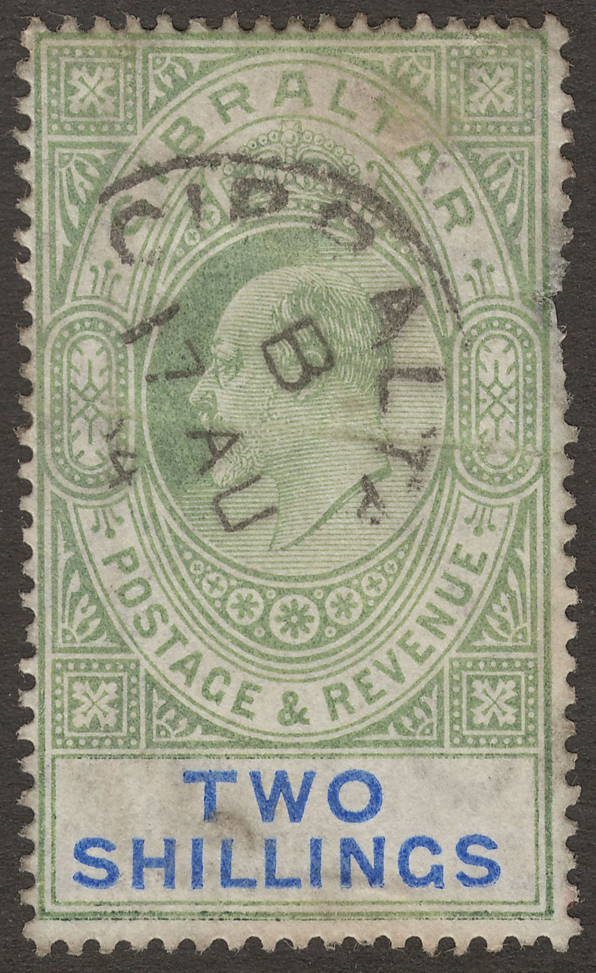 Gibraltar 1903 KEVII 2sh Green and Blue Used SG52 cat £275 Faults Spacefiller