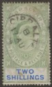 Click for more photos and details Gibraltar 1903 KEVII 2sh Green and Blue Used SG52 cat £275 Faults Spacefiller