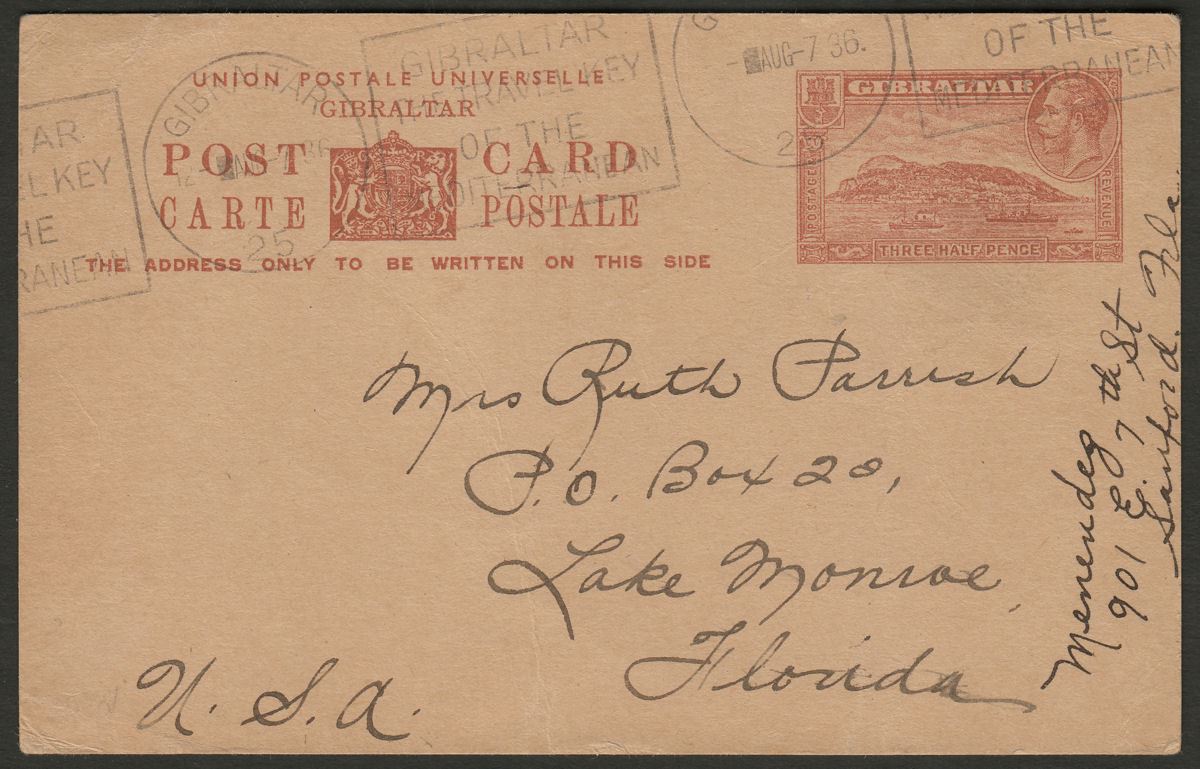 Gibraltar 1936 KGV Rock 1½d Postal Stationery Postcard Used to USA Civil War