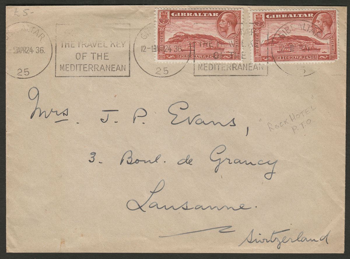 Gibraltar 1936 KGV Rock 1½d x2 Used on Rock Hotel Cover to Switzerland